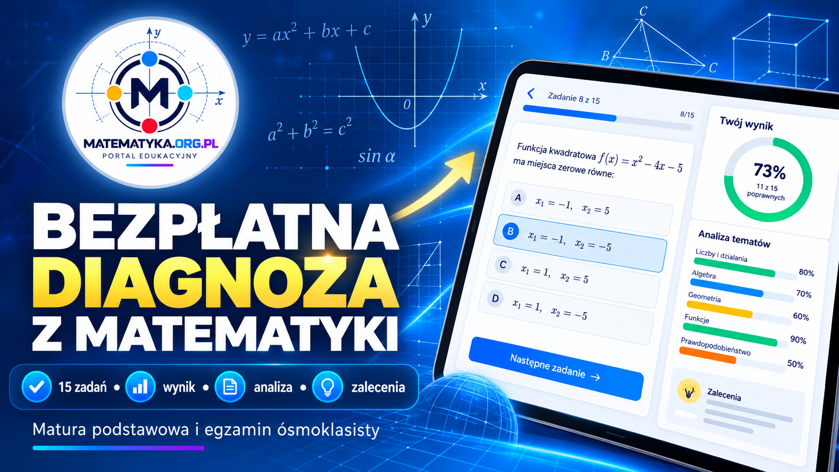 Bezpłatna diagnoza z matematyki – 15 zadań, wynik, analiza i zalecenia